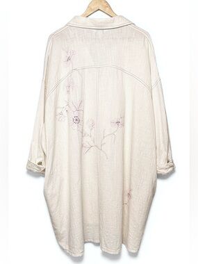April Cornell Cream Cotton Floral Embroidered Loose Shirt Dress large
